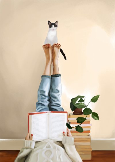 くつろぐ猫が本を読む 作： Flow Line