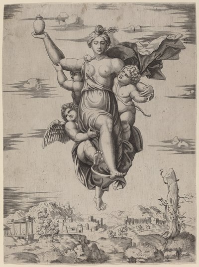 オリンパスに運ばれたプシュケ 作： Follower of Marcantonio Raimondi after Raphael