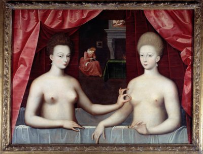 ガブリエル・デストリーズ（1573-1599）アンリ4世の愛人、妹のヴィラール公爵夫人（ジュリアン・ハイポリットまたはジュリアン・ハイポリット）（1575-1657）フォンテーヌブローの学校の絵画 作： Fontainebleau School