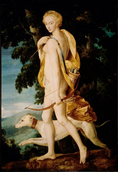 弓を持った女神が犬を連れている。フォンテーヌブローの学校の絵画。16世紀 日1,91 x 1,32 m パリ、ルーヴル美術館 作： Fontainebleau School
