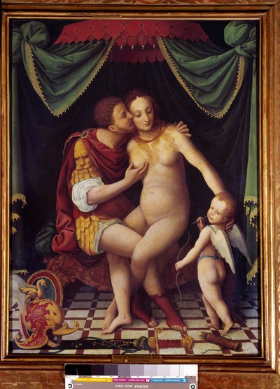 ヴィーナスとマルス 二人の神がキスをしている様子を表現しています。フォンテーヌブロー派の絵画、16世紀 作： Fontainebleau School