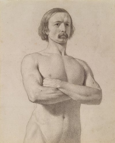アカデミックヌード研究、口ひげと腕を折りたたんだハーフレングス、1849 作： Ford Madox Brown