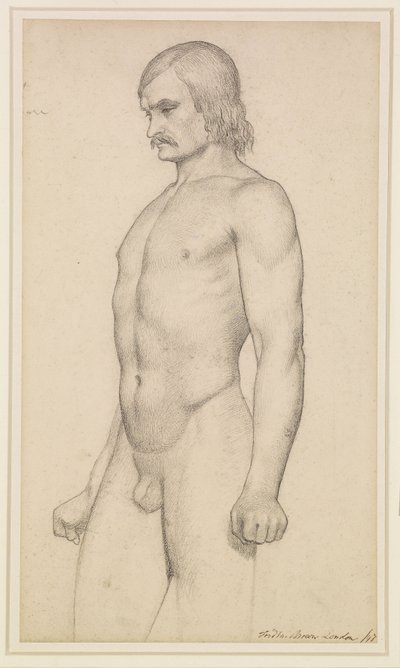 男性ヌード - アカデミック・スタディ、口ひげと握りこぶしを持つ4分の3丈のヌード 作： Ford Madox Brown