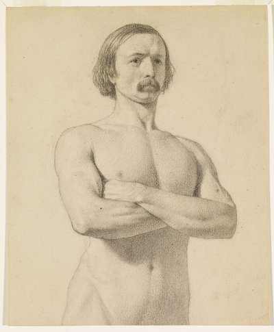 男性ヌード - アカデミック・ヌード スタディ、口ひげと腕組みをした半身像 作： Ford Madox Brown