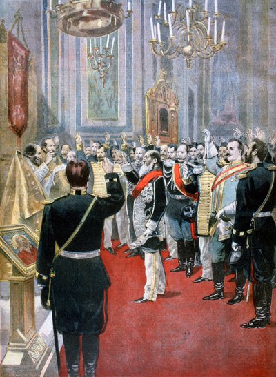 1894年、パリのロシア教会、ニコライ2世への忠誠の誓いを誓う 作： Fortuné Méaulle