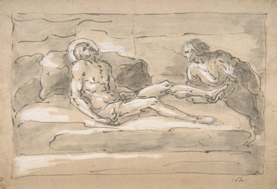 彼の足の傷を崇拝するマグダレンによって嘆かれた死んだキリスト、1787-1863。 作： Fortunato Duranti