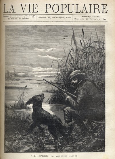 バードハンターが犬と一緒に沼地で観察しています。アルフォンス・ドーデ（1840-1897）の「うまくいけば！」のためのF.モーレのイラスト。"アルフォンス・ドーデ(1840-1897)作。1890年の「La vie populaire」に掲載された版画。プライベートコレクション 作： Fortune Louis Meaulle