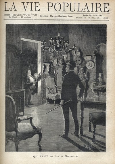 夜中に家に侵入してきた人を驚かせる男性。ギー・ド・モーパッサン（1850-1893）の「Who knows?"ギー・ド・モーパッサン(1850-1893)作。1890年に出版された「La vie populaire」に掲載されたエングレーヴィング。個人蔵 作： Fortune Louis Meaulle
