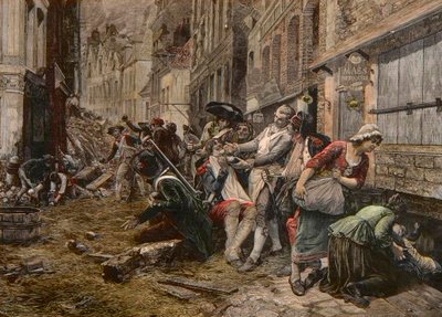 1792年10月のリールにおける包囲戦のエピソード - Siege de Lille en 1792: カツラのマースが爆弾の殻を髭用の皿にして客の髭を剃る - Gaston Melingueの絵の後にMeaulleが彫ったもの 作： Fortune Louis Meaulle