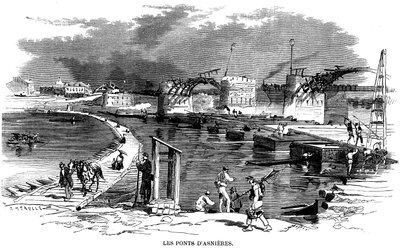 1870年のパリ包囲戦でアスニエール橋が焼失した後、船橋（ボートブリッジ）が設置された - Meaulleによるこのエングレーヴィング（1870年頃）には、橋の隣にある別の木造建築物が描かれている - Commune de Paris - 。 作： Fortune Louis Meaulle