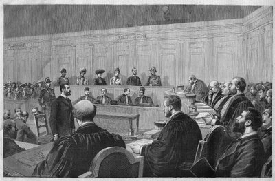 1891年のトゥーロンのスキャンダル：Fouroux - Jonquieres - la salle des assiises, deposition des temoins - 1891年の "Le journal illustrious "に掲載されたMeaulleのエングレーヴィング。 作： Fortune Louis Meaulle