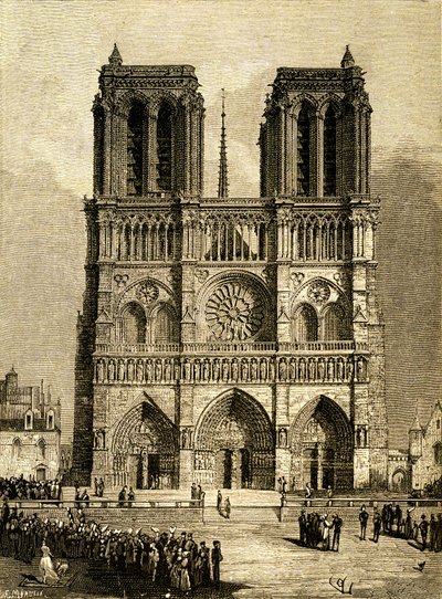 1482年のパリのノートルダム：西側ファサードとパルヴィス。ヴィクトル・ユーゴーの同名小説を挿絵にしたヴィオレ・ル・デュック（Viollet-le-Duc）のデッサンに基づくF.モールのエングレーヴィング、20世紀初頭のオーレンドルフ版。左下に 作： Fortune Louis Meaulle