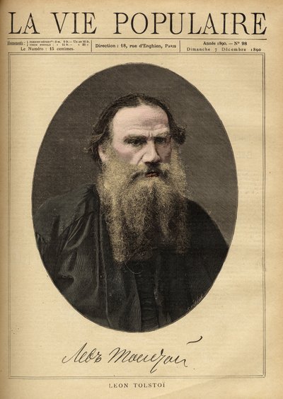 ロシアの作家、レオン・トルストイ（1828-1910）の肖像。F. Meaulleによるイラスト。1890年に出版された「La vie populaire」に掲載された版画。個人蔵 作： Fortune Louis Meaulle