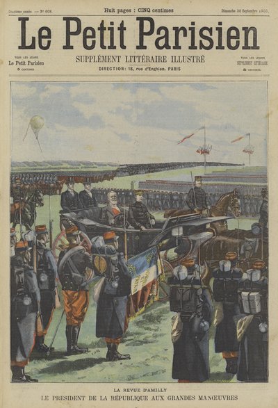 フランスのルベー大統領、アミリーでのフランス陸軍大作戦で部隊を検査 作： Fortune Louis Meaulle