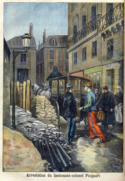 ドレフュス事件 「Le Petit Journal」1898年1月号に掲載されたピカール中佐（1854-1914年）の逮捕（エングレーヴィング 作： Fortune Louis Meaulle