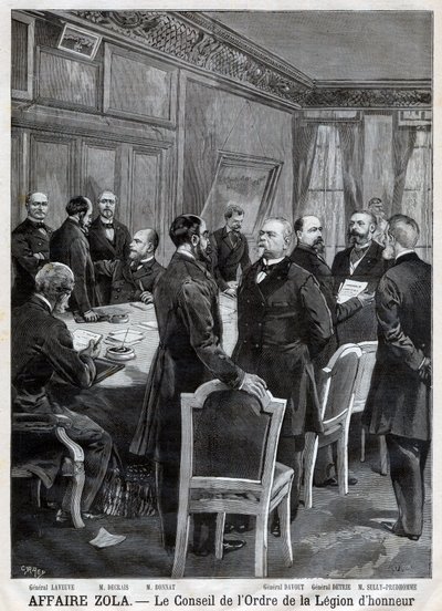 ドレフュス事件の際のレジオン・ドヌール勲章の評議会（Garreyの後にF.Meaulleが描いたエングレーヴィング）。"ル・プチ・ジャーナル」4月24日号 作： Fortune Louis Meaulle