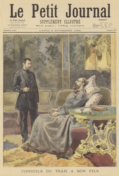 彼の息子に助言を与えるロシアの瀕死の皇帝アレクサンドル3世 作： Fortune Louis Meaulle