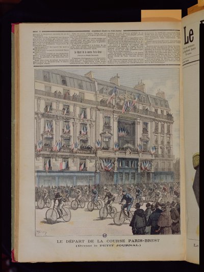 1891年9月15日、同名の雑誌のイラスト「Le Petit Journal」のオフィスの前でのパリブレスト自転車レースの開始 作： Fortune Louis Meaulle
