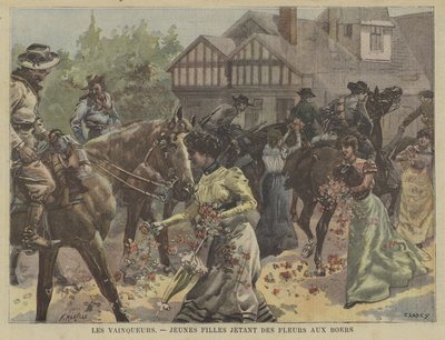 南アフリカの勝利したボーア軍に花を投げる若い女の子 作： Fortune Louis Meaulle