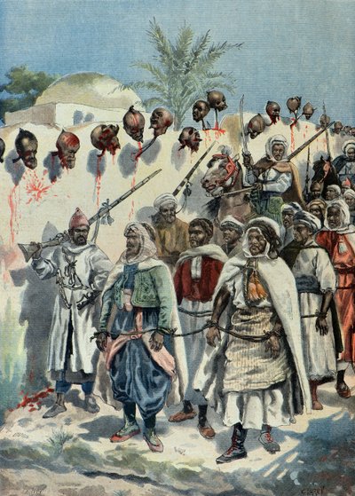 1897年、投獄されたモロッコの反乱軍兵士たちが、切断された仲間の首のそばを通り過ぎる。 作： Fortune Louis Meaulle