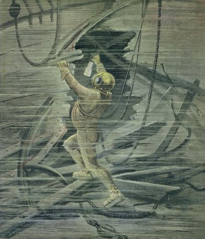 1872年2月13日の「Le Petit Journal」より、ルアーブル港の沈没船を眺める深海ダイバー 作： Fortune Louis Meaulle and Henri Meyer