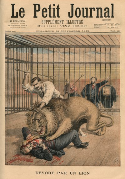 1895年9月29日、ライオンに貪り食われた 『ル・プチ・ジャーナル』の表紙イラスト、サプリメント・イラストレーター 作： Fortune Louis Meaulle and Henri Meyer