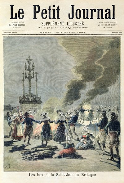 1893年7月1日、「Le Petit Journal」の表紙、ブルターニュの夏至を祝うために焚き火が点灯（カラー彫刻） 作： Fortune Louis Meaulle and Henri Meyer