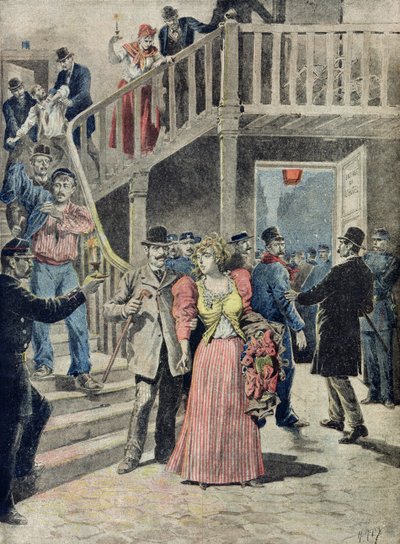 パリのホテルで売春婦を逮捕、「ルプチジャーナル」、1895年8月4日より 作： Fortune Louis Meaulle and Henri Meyer