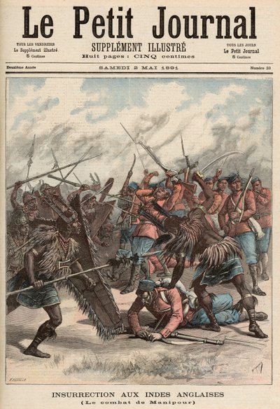 1891年5月2日の「ルプチジャーナル」からのマニプールの戦い（カラー彫刻） 作： Fortune Louis Meaulle and Henri Meyer