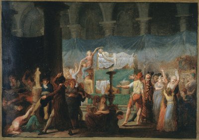 マラットの葬儀、コルドリエ教会にて、1793年7月15日と16日、1793年頃（油彩・カンヴァス） 作： Fougeat (attr. to)