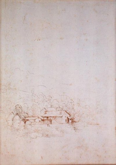 木々の間の農場（裏面）（紙にペン、茶と黒のインク）（長方形は152660参照） 作： Fra Bartolomeo