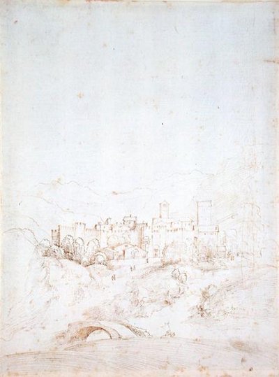 イタリアの丘陵都市（長方形）（紙にペン、茶と黒のインク）（裏面は152661参照） 作： Fra Bartolomeo