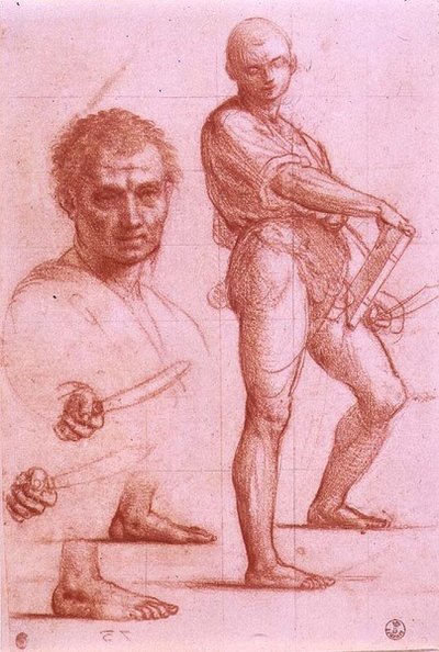 刀と本を持った男性の習作、刀と足は2回リハーサル、男性の頭（紙にチョーク） 作： Fra Bartolomeo
