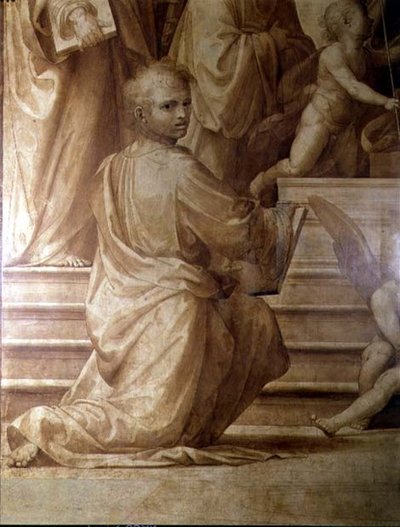跪く若い聖人を描いた「大評議会祭壇画」の細部 作： Fra Bartolomeo
