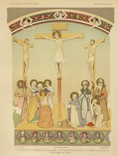 イエス・キリストの磔刑、フィレンツェのサン・マルコ修道院のフレスコ画（クロモリト） 作： Fra (after) Angelico