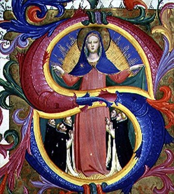 Ms 558 f.156v 聖母が祈りを捧げる人々を外套の下に匿っている様子を描いた歴史的なイニシャル「S」、1430年代初頭のミサールの詳細（ヴェラム製）（詳細は78826と88941を参照）。 作： Fra (c.1387 1455) Angelico