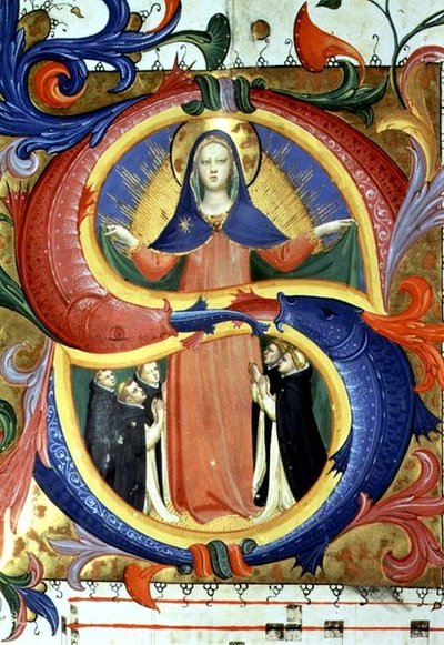 Ms 558 f.156v 聖母が祈りを捧げる人々を外套の下に匿っている様子を描いた歴史的なイニシャル「S」、1430年代初頭のミサールの詳細（ベラム製）（88940の詳細） 作： Fra (c.1387 1455) Angelico