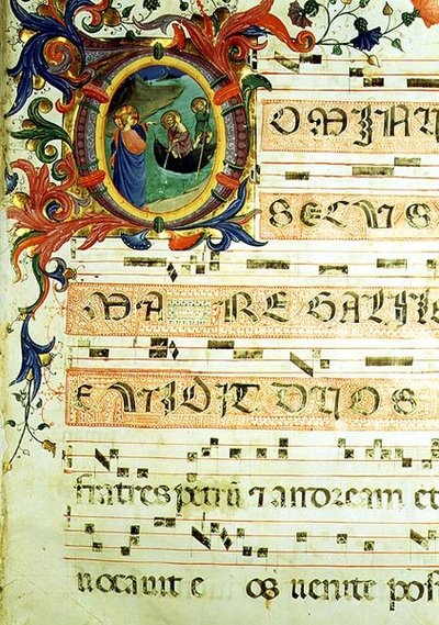 Ms 558 f.9r 聖ペテロと聖アンデレの召集を描いた歴史的なイニシャル「O」と楽譜、1430年代初頭のミサールのページの詳細（ヴェラム製）（詳細は78833と88929を参照） 作： Fra (c.1387 1455) Angelico