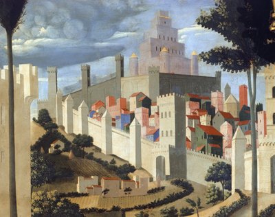 キリストの降架（聖三位一体祭壇画）、エルサレムとソロモ神殿を望む風景の細部 -1437-40（木にテンペラ 作： Fra  Angelico