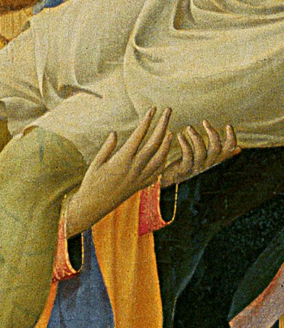 ロレンツォ・モナコ（ピエロ・ディ・ジョヴァンニ）（1370年頃～1425年頃）によるサンタ・トリニータ祭壇画の詳細、フレームとピナクル（パネルにテンペラと金彩）1434年頃完成 作： Fra  Angelico