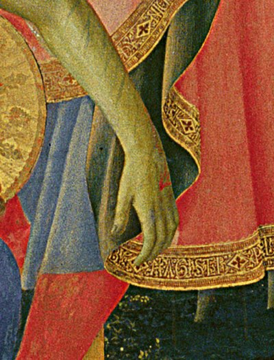 ロレンツォ・モナコ（ピエロ・ディ・ジョヴァンニ）（1370年頃～1425年頃）によるサンタ・トリニータ祭壇画の詳細、フレームとピナクル（パネルにテンペラと金彩）1434年頃完成 作： Fra  Angelico