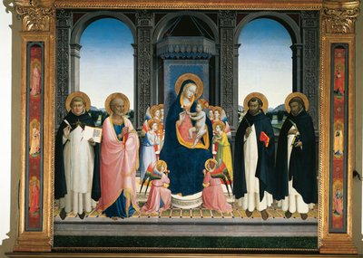 フィエーゾレの祭壇画。聖母子と天使と四聖人（木地画 作： Fra  Angelico