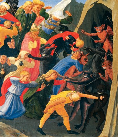 悪魔が組織する地獄、ジョヴァンニ・ダ・フィエーゾレの「最後の審判」の詳細、フラ・アンジェリコ (1400 年 - 1455 年頃) として知られ、木にテンペラ 作： Fra (c.1387 1455) Angelico