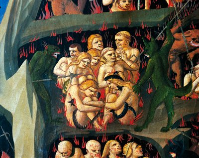 ナマケモノを罰する悪魔のいる地獄、フラ アンジェリコ (1400-1455 年頃) として知られるジョヴァンニ ダ フィエーゾレ作「最後の審判」の詳細、木にテンペラ 作： Fra (c.1387 1455) Angelico