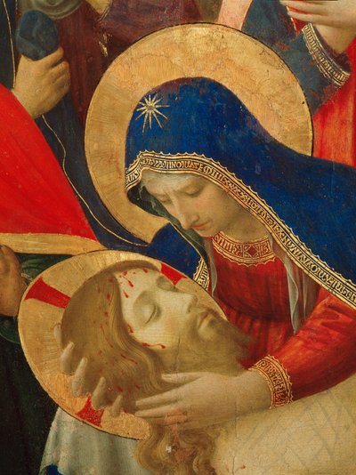 キリストの死についての嘆き、聖母マリアの細部（木の上の絵画 作： Fra  Angelico