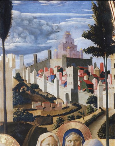 エルサレムとソロモンの神殿を望む風景。祭壇画「キリストの降架」または「三位一体」の詳細（木にテンペラ 作： Fra  Angelico