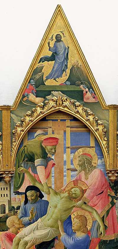 ロレンツォモナコ（ピエロディジョヴァンニ）（c.1370-1425）によるサンタトリニータ祭壇画、フレーム、ピナクルが完成c.1434（テンペラとパネルに金）（43967の詳細） 作： Fra  Angelico