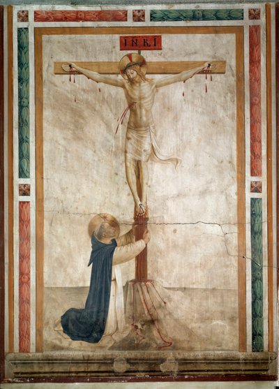 クルシフィクスの足元にいる聖ドミニコ（フレスコ画 作： Fra  Angelico