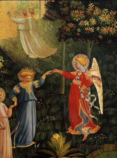最後の審判：楽園で選ばれた者たちの踊り。(木にテンペラ 作： Fra  Angelico