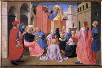 聖ペテロが聖マルコの前で説教している様子。リナイオリの幕屋（木地に絵画 作： Fra  Angelico